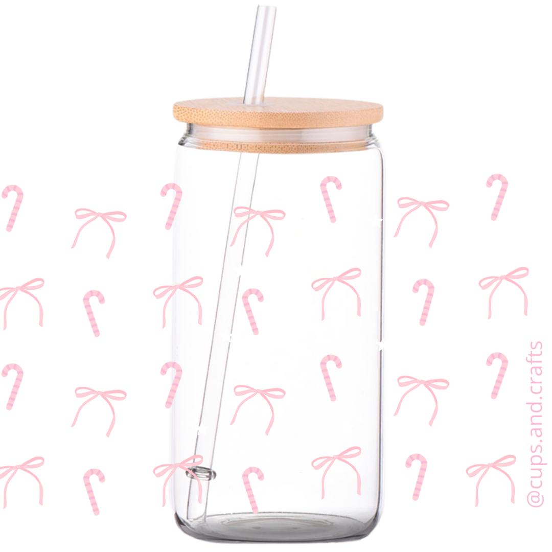 Pink bows & Candy Canes - Christmas Glass Can