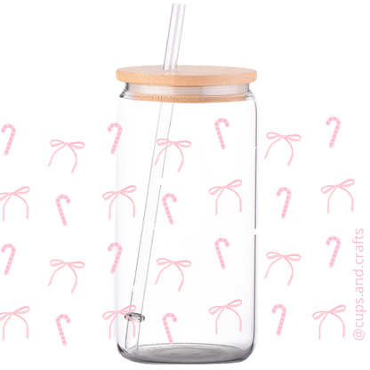 Pink bows & Candy Canes - Christmas Glass Can