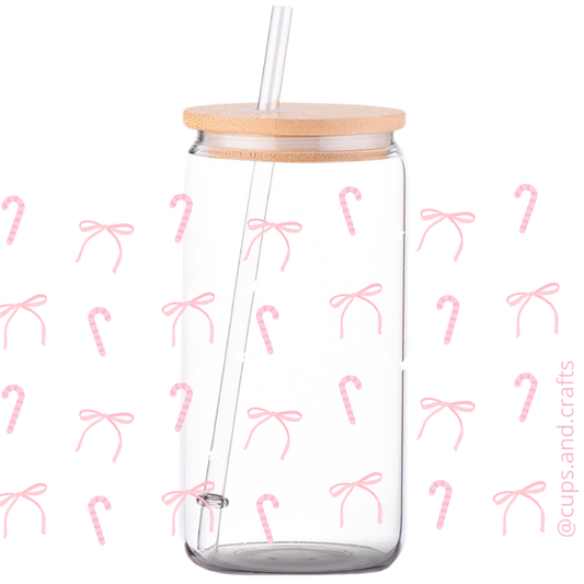 Pink bows & Candy Canes - Christmas Glass Can
