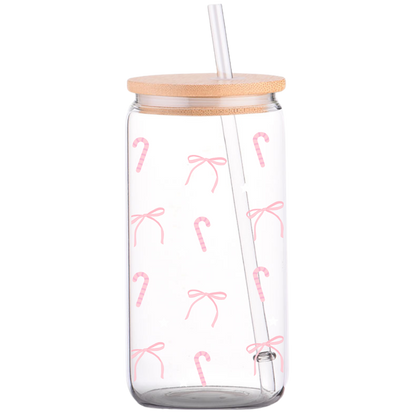 Pink bows & Candy Canes - Christmas Glass Can